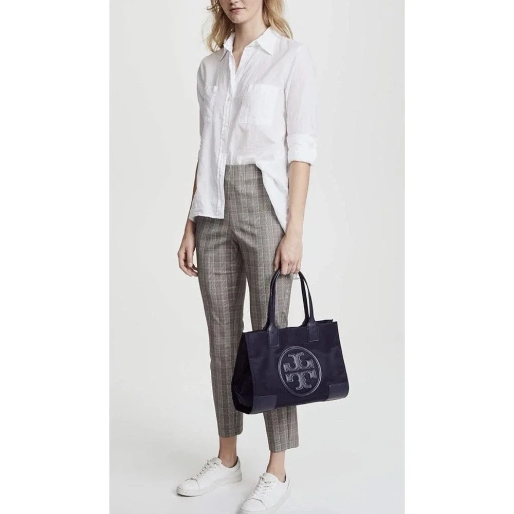 Tory Burch Ella Tote Navy Nylon Small‎ Bag Largo Logo Patch Double Handle